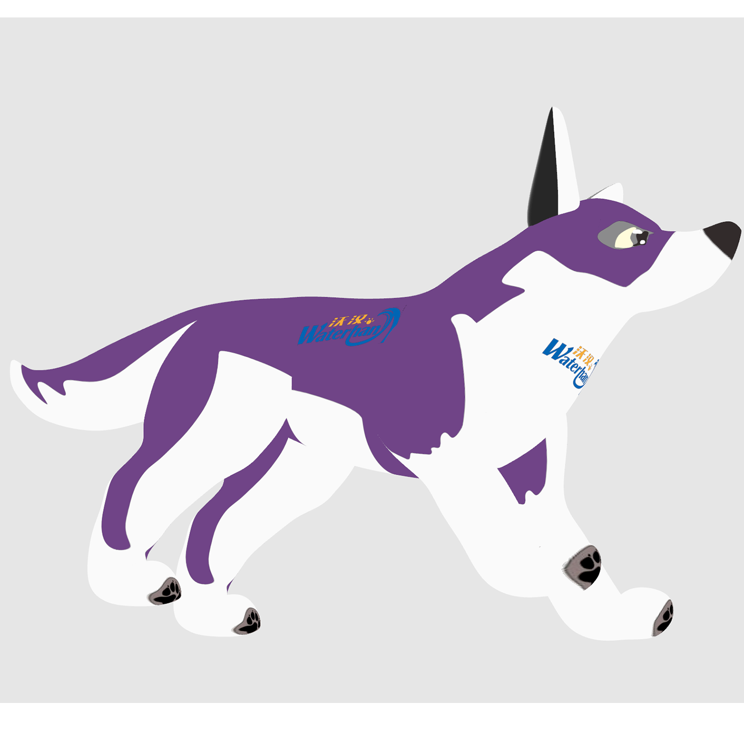 Customized Inflatable White Purple Standing Wolf Cartoon With Artworks Printings On Field