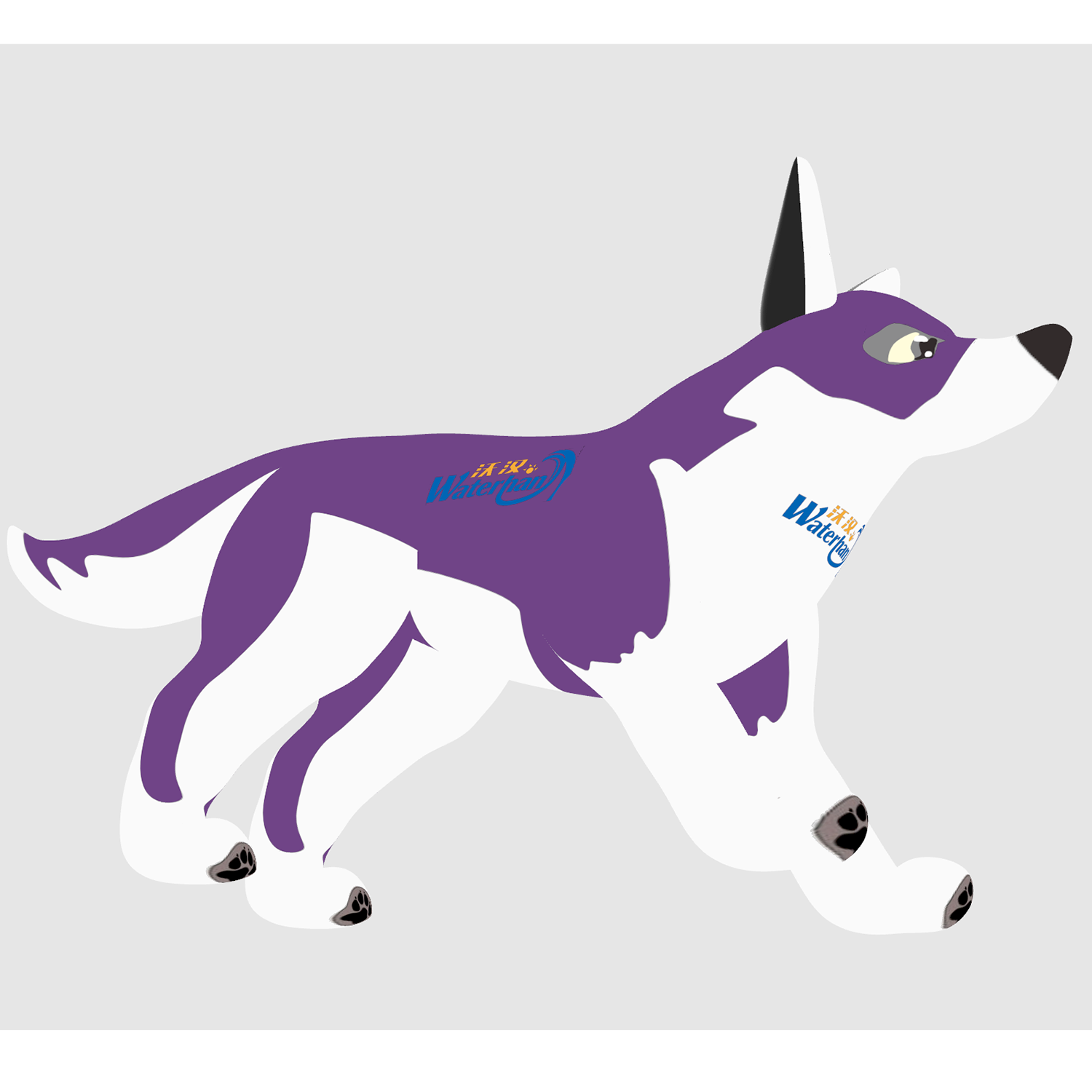 Customized Inflatable White Purple Standing Wolf Cartoon With Artworks Printings On Field