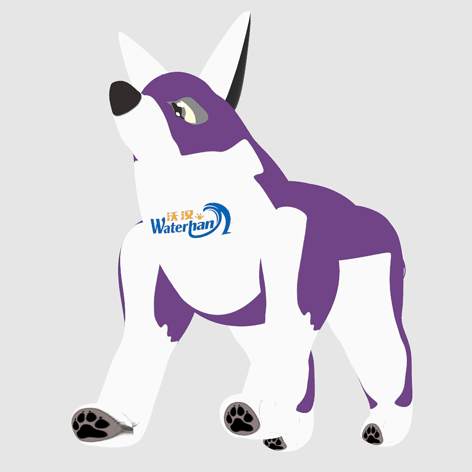 Customized Inflatable White Purple Standing Wolf Cartoon With Artworks Printings On Field